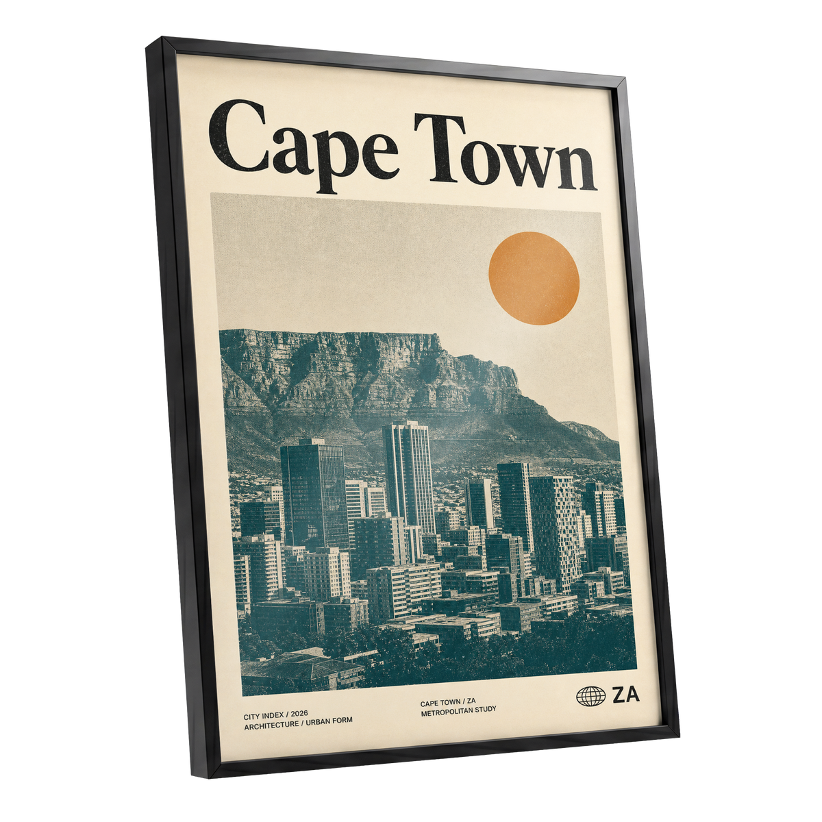 Cape Town Modernist, beige, green, orange minimalist wall art shown as a black framed poster wall art print