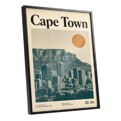 Cape Town Modernist, beige, green, orange minimalist wall art shown as a black framed poster wall art print