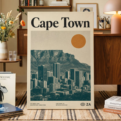 Cape Town Modernist, beige, green, orange minimalist wall art on canvas displayed in a styled interior, gallery view 1