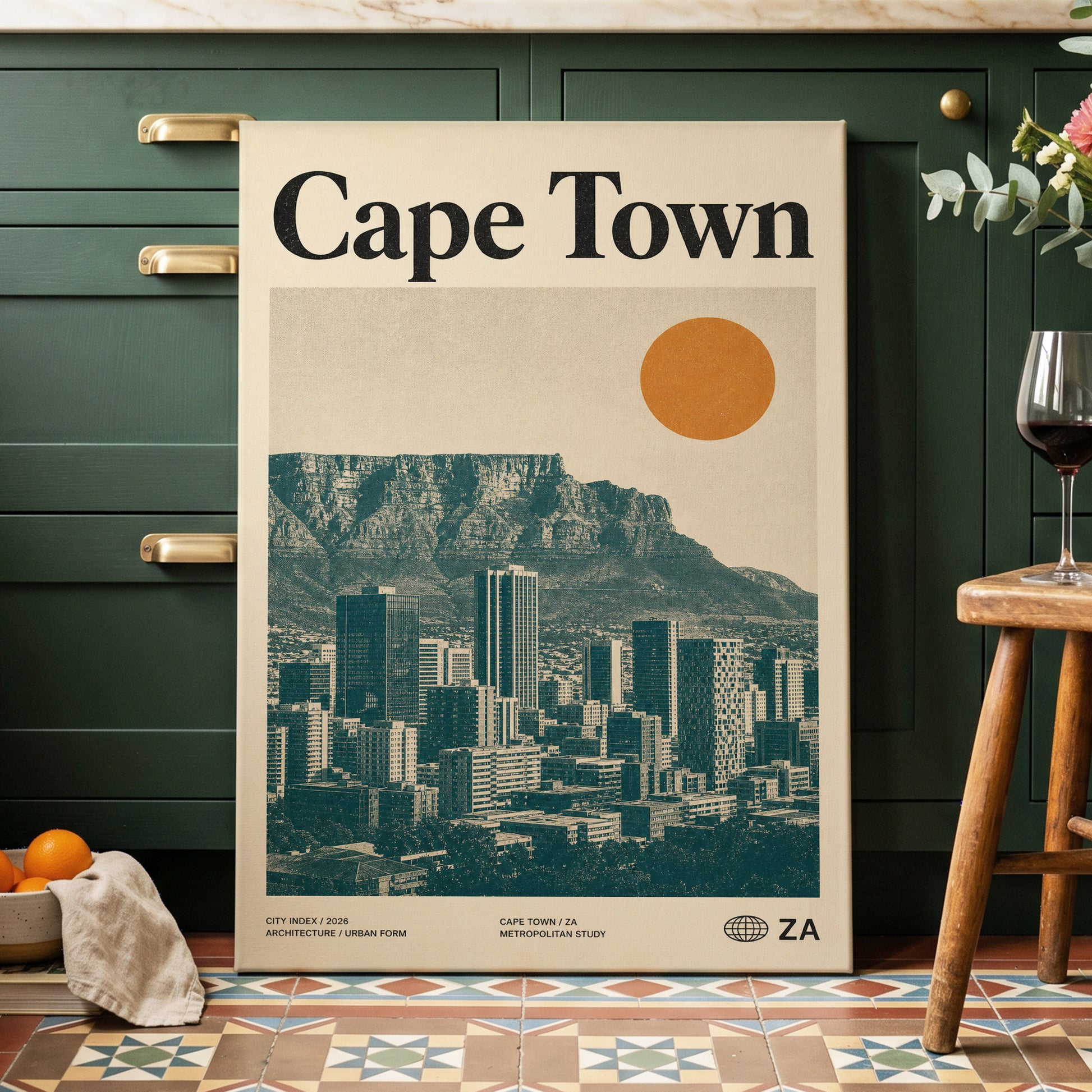 Cape Town Modernist, beige, green, orange minimalist wall art on canvas displayed in a styled interior, gallery view 2