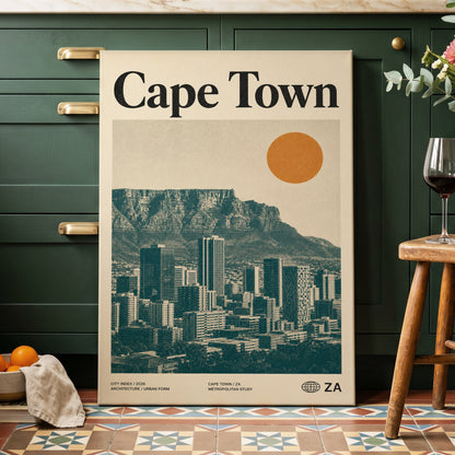 Cape Town Modernist, beige, green, orange minimalist wall art on canvas displayed in a styled interior, gallery view 2