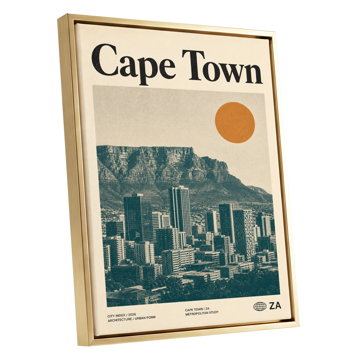 Cape Town Modernist, beige, green, orange minimalist wall art shown as a gold framed canvas wall art