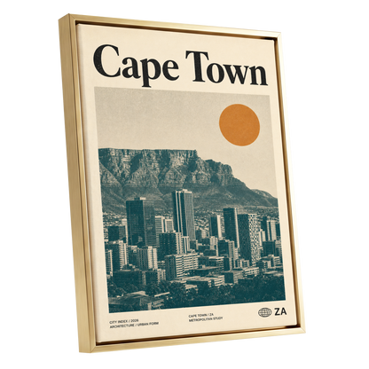 Cape Town Modernist, beige, green, orange minimalist wall art shown as a gold framed canvas wall art