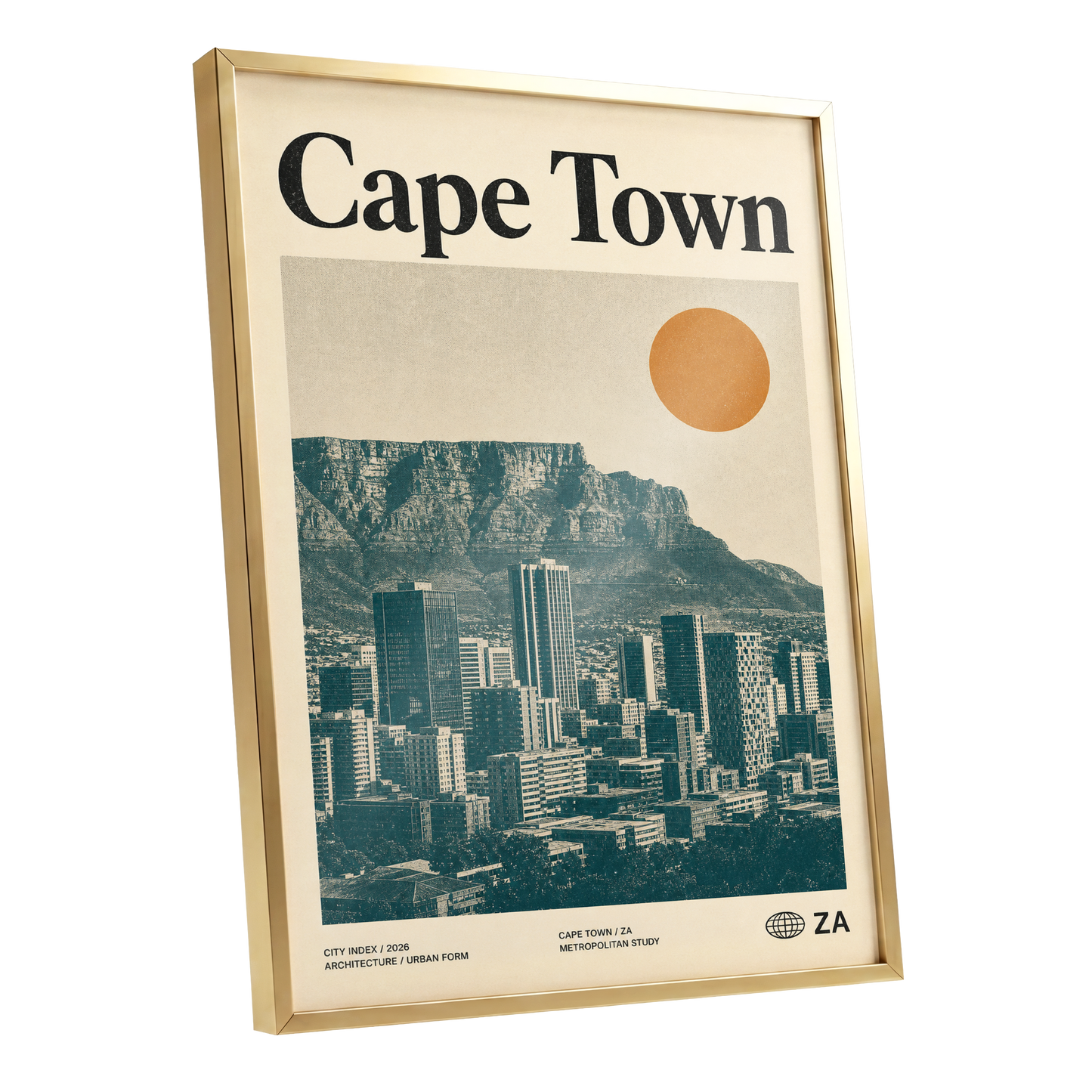 Cape Town Modernist, beige, green, orange minimalist wall art shown as a gold framed poster wall art print