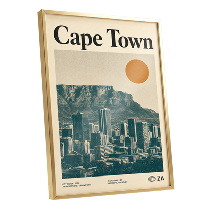 Cape Town Modernist, beige, green, orange minimalist wall art shown as a gold framed poster wall art print
