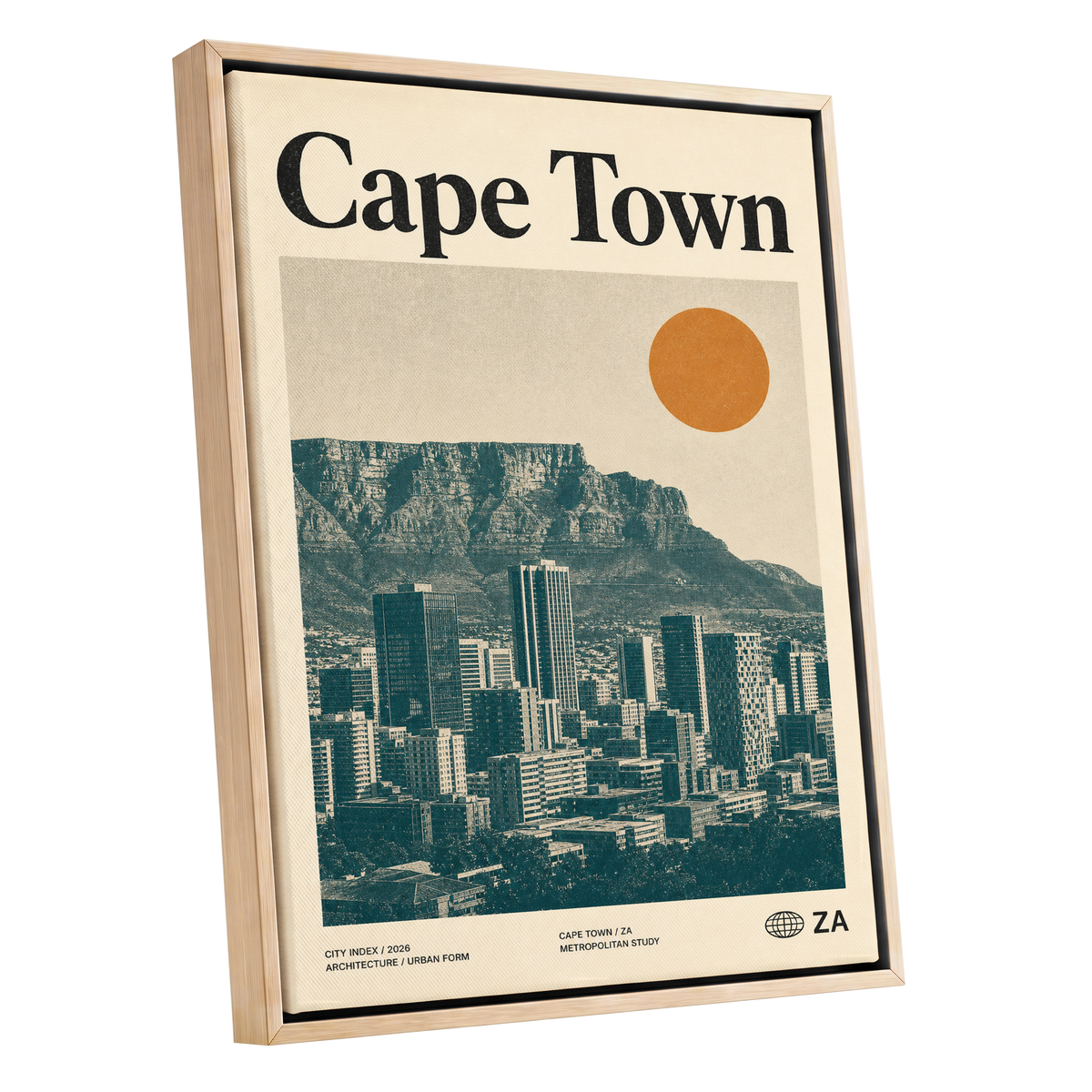 Cape Town Modernist, beige, green, orange minimalist wall art shown as a oak framed canvas wall art