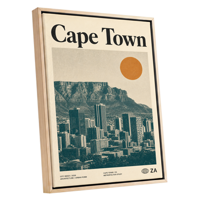 Cape Town Modernist, beige, green, orange minimalist wall art shown as a oak framed canvas wall art