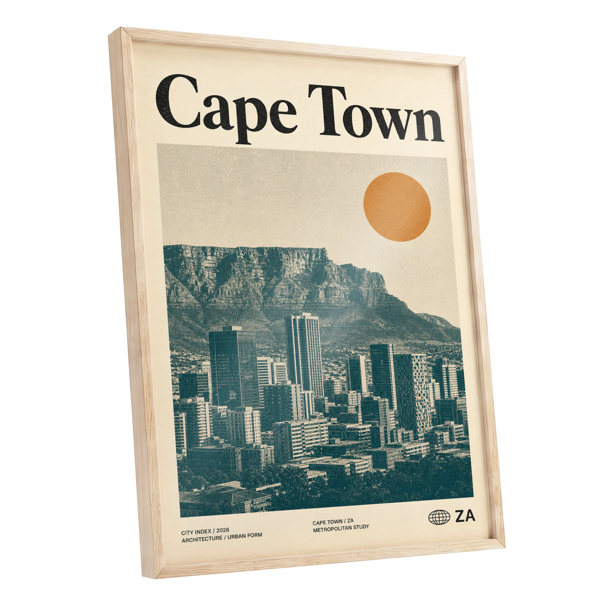 Cape Town Modernist, beige, green, orange minimalist wall art shown as a oak framed poster wall art print