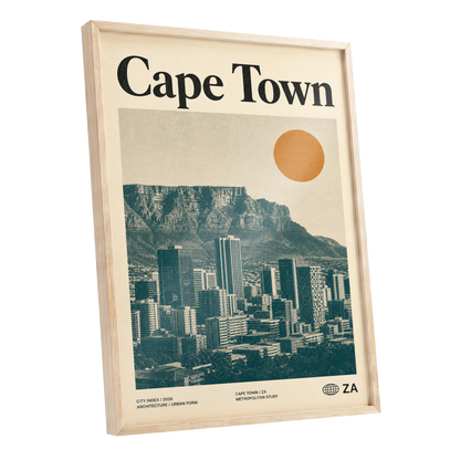 Cape Town Modernist, beige, green, orange minimalist wall art shown as a oak framed poster wall art print