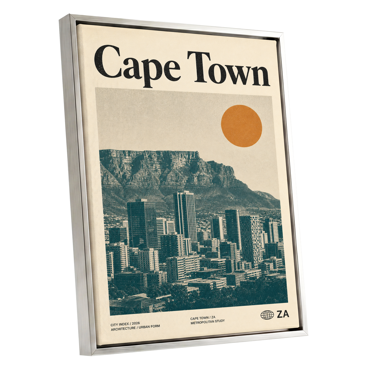 Cape Town Modernist, beige, green, orange minimalist wall art shown as a silver framed canvas wall art