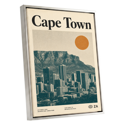 Cape Town Modernist, beige, green, orange minimalist wall art shown as a silver framed canvas wall art
