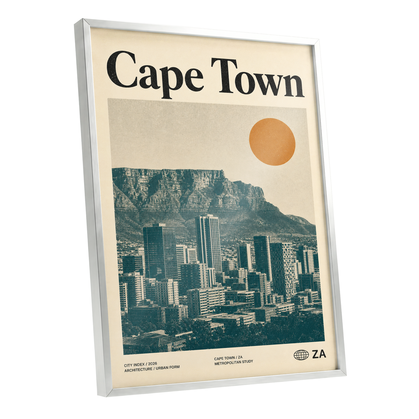 Cape Town Modernist, beige, green, orange minimalist wall art shown as a silver framed poster wall art print