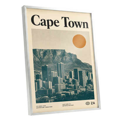 Cape Town Modernist, beige, green, orange minimalist wall art shown as a silver framed poster wall art print