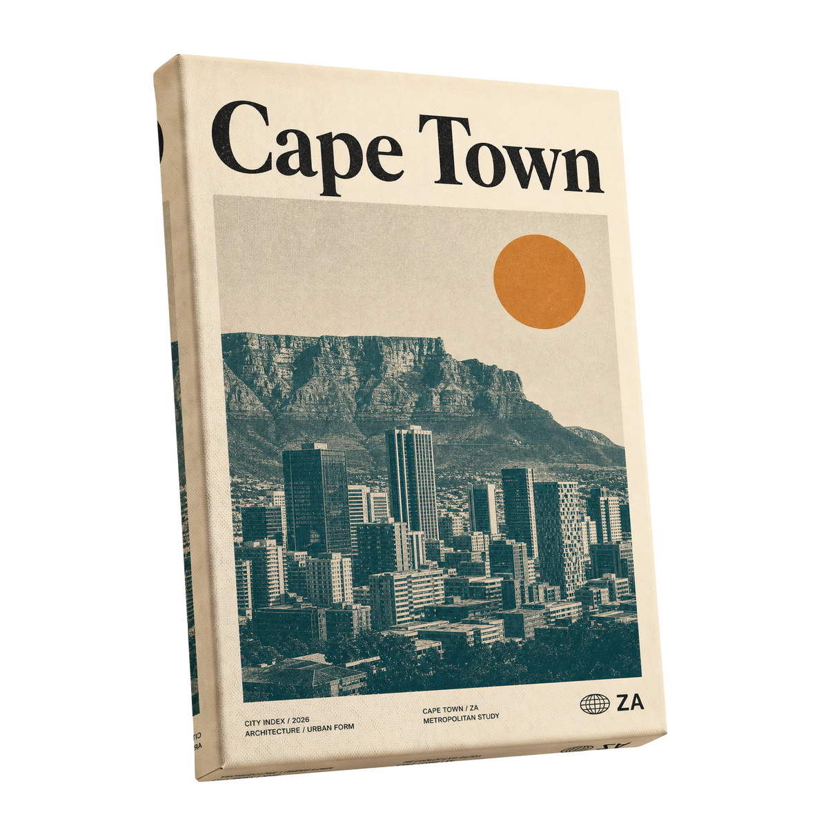 Cape Town Modernist, beige, green, orange minimalist wall art shown as a stretched canvas wall art