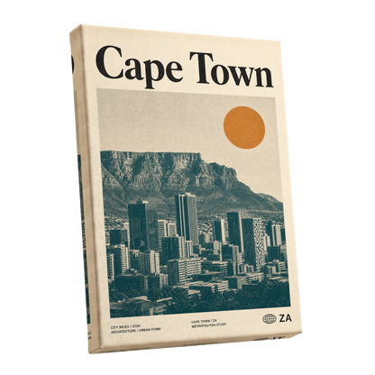 Cape Town Modernist, beige, green, orange minimalist wall art shown as a stretched canvas wall art