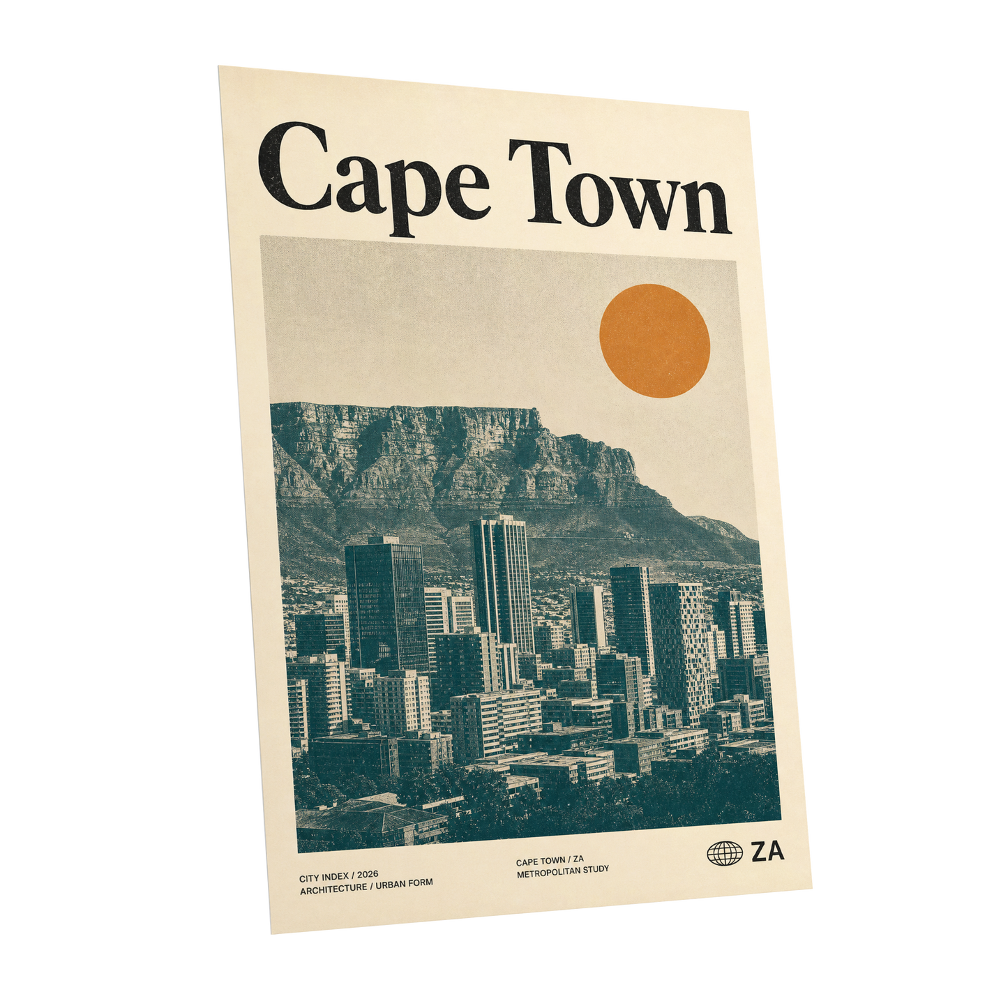 Cape Town Modernist, beige, green, orange minimalist wall art shown as a unframed poster wall art print