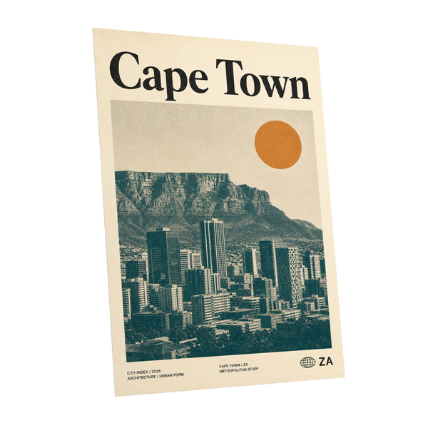 Cape Town Modernist, beige, green, orange minimalist wall art shown as a unframed poster wall art print