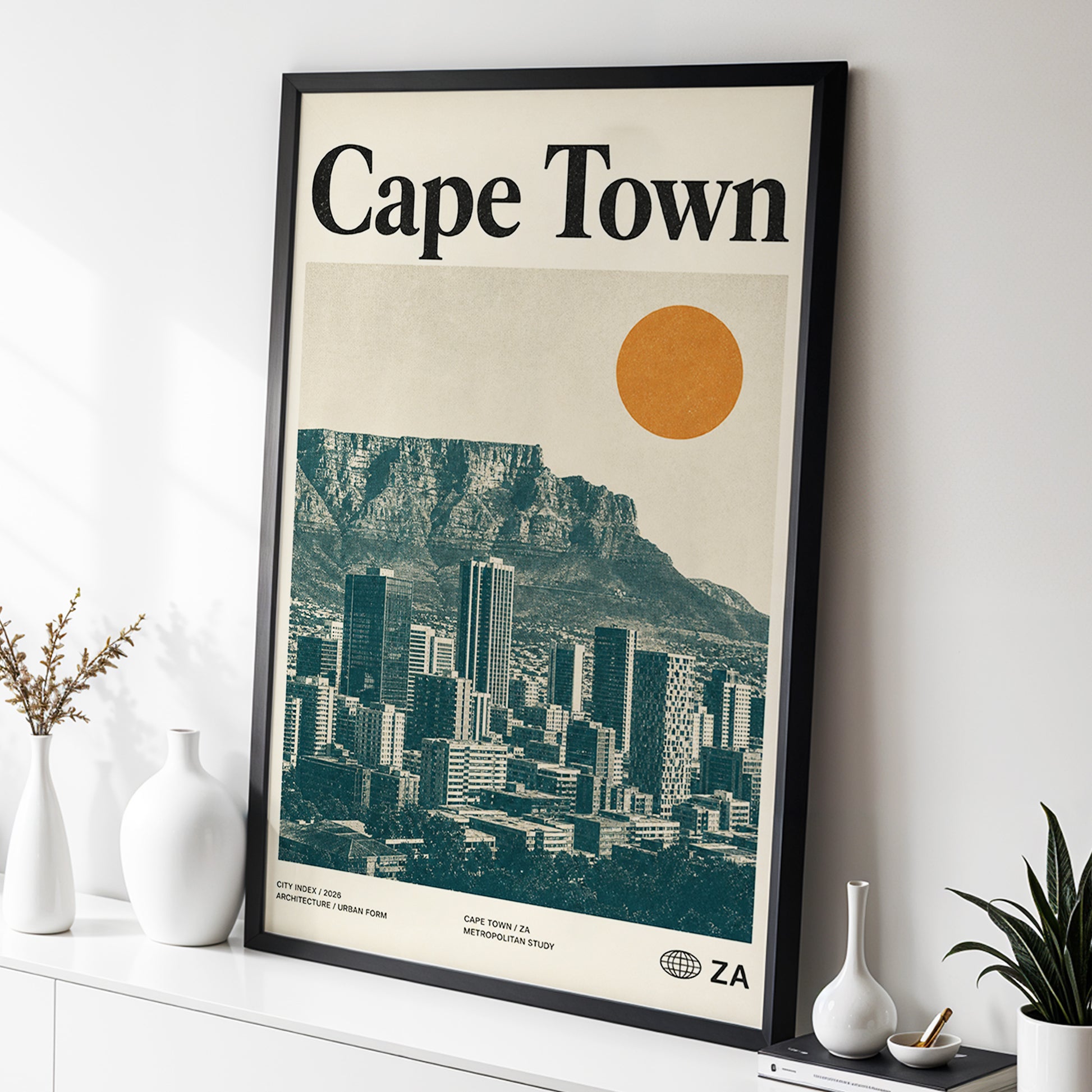 Cape Town Modernist, beige, green, orange minimalist wall art displayed in a styled interior, gallery view 2