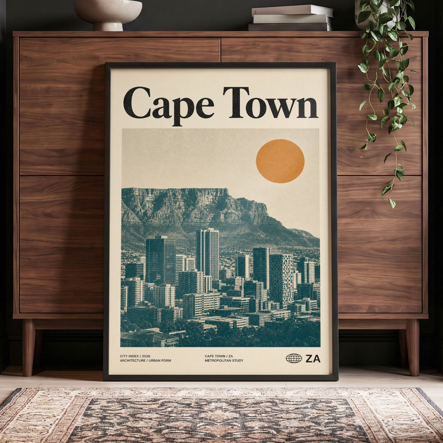 Cape Town Modernist, beige, green, orange minimalist wall art displayed in a styled interior, gallery view 4