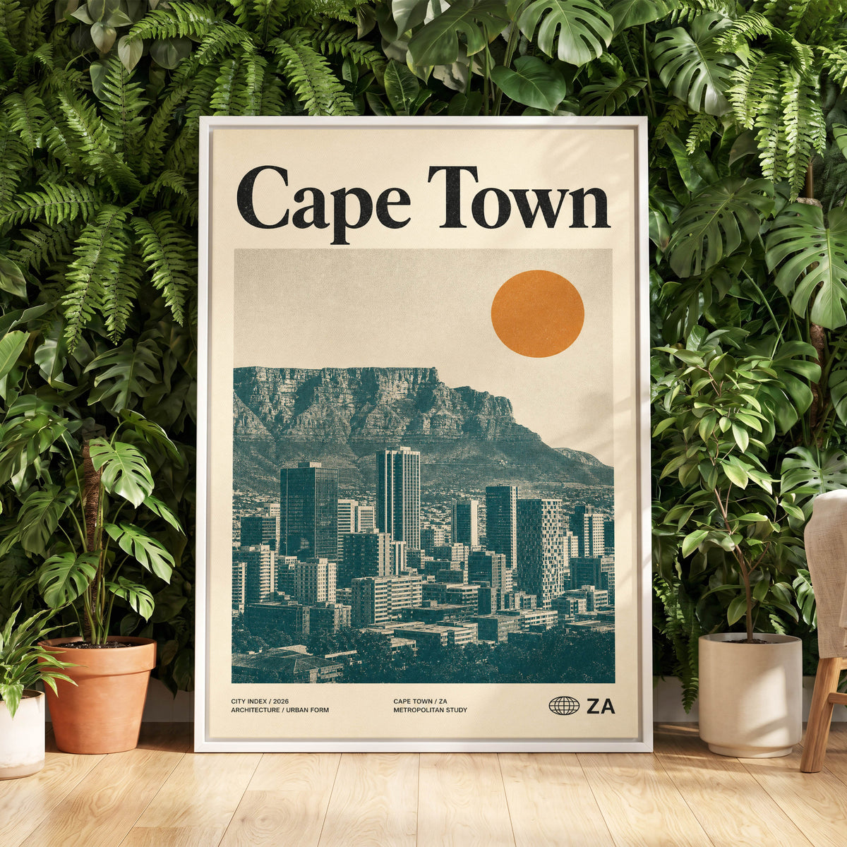 Cape Town Modernist, beige, green, orange minimalist wall art displayed in a styled interior, gallery view 5