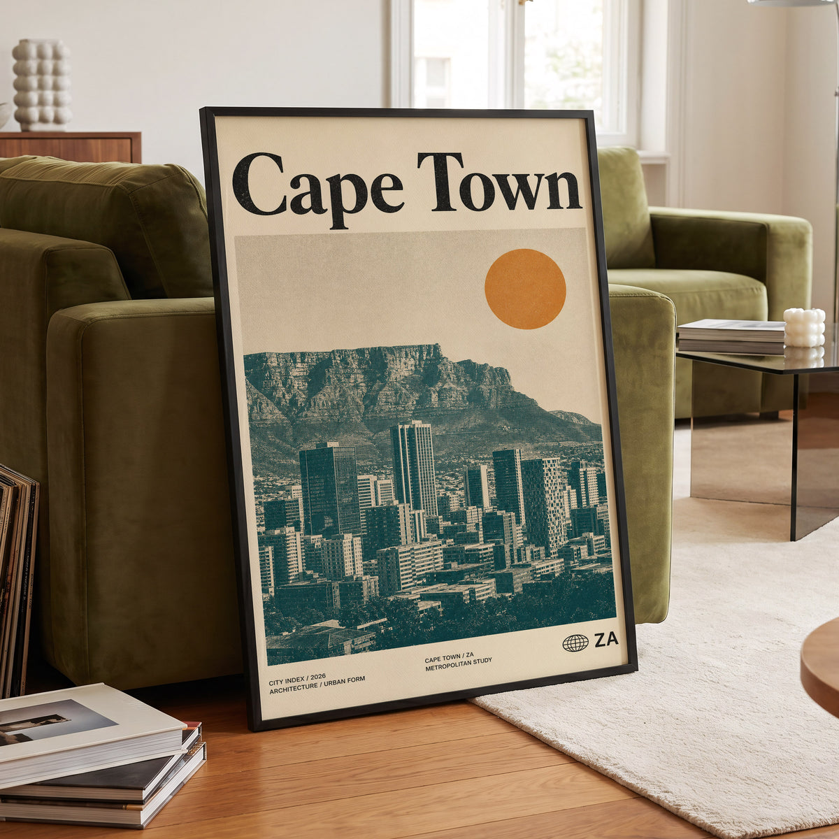 Cape Town Modernist, beige, green, orange minimalist wall art displayed in a styled interior, gallery view 6
