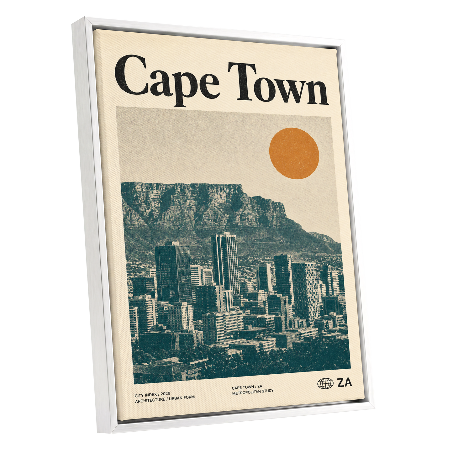 Cape Town Modernist, beige, green, orange minimalist wall art shown as a white framed canvas wall art