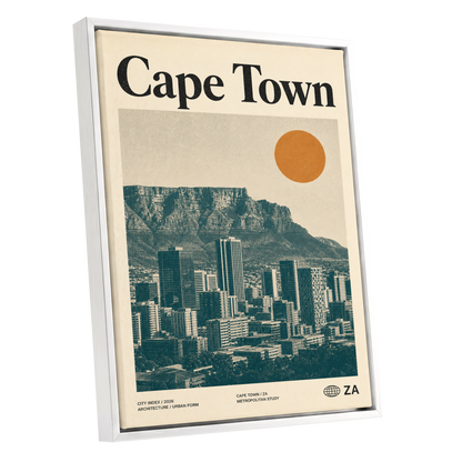 Cape Town Modernist, beige, green, orange minimalist wall art shown as a white framed canvas wall art