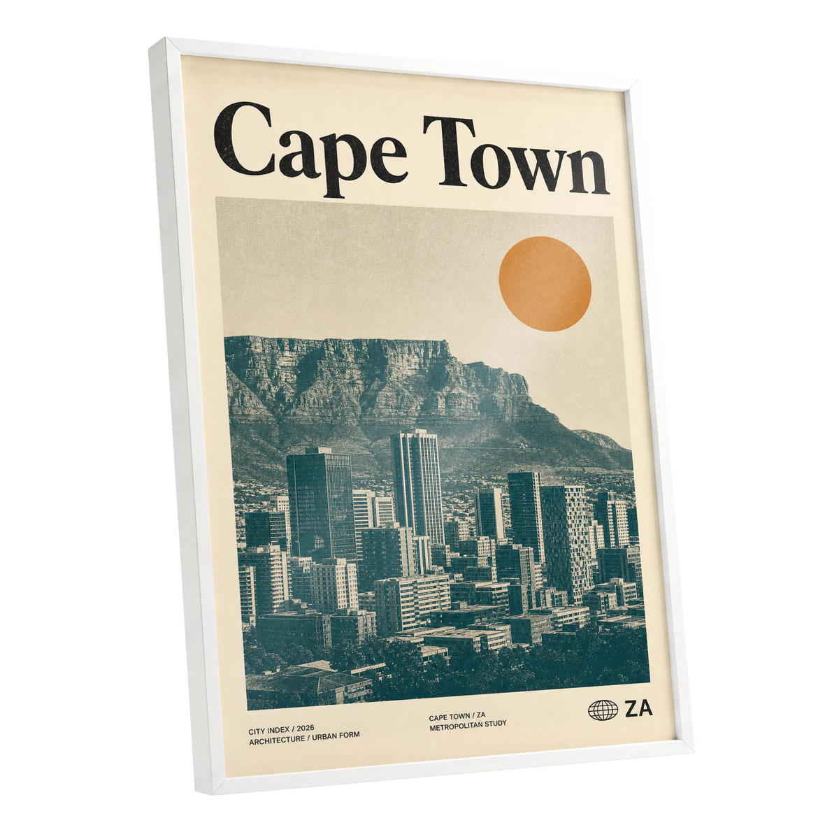 Cape Town Modernist, beige, green, orange minimalist wall art shown as a white framed poster wall art print