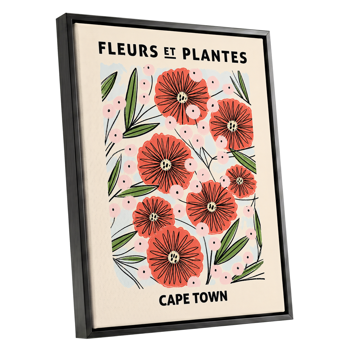Cape Town Petal Parade, red, pink, green floral wall art shown as a black framed canvas wall art