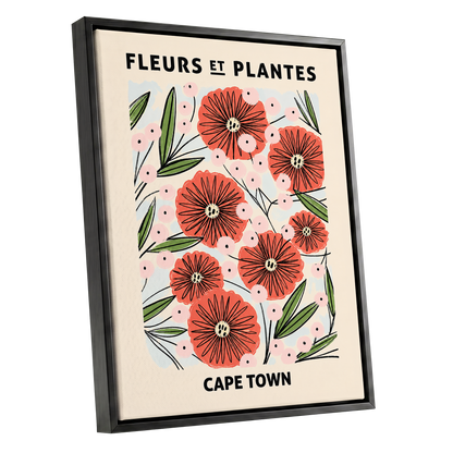 Cape Town Petal Parade, red, pink, green floral wall art shown as a black framed canvas wall art