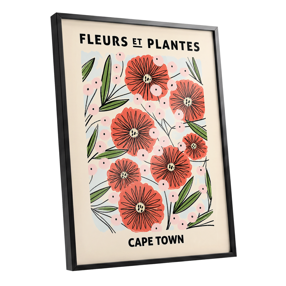 Cape Town Petal Parade, red, pink, green floral wall art shown as a black framed poster wall art print