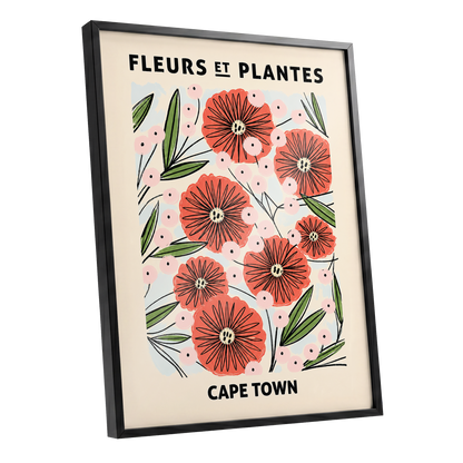 Cape Town Petal Parade, red, pink, green floral wall art shown as a black framed poster wall art print