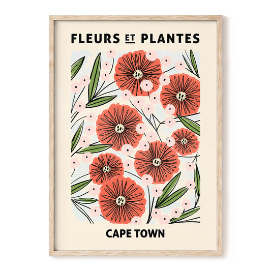Cape Town Petal Parade, red, pink, green floral wall art, front artwork view