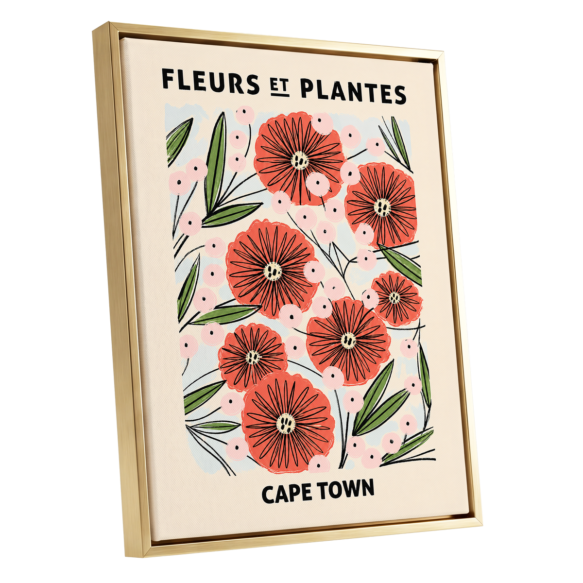 Cape Town Petal Parade, red, pink, green floral wall art shown as a gold framed canvas wall art