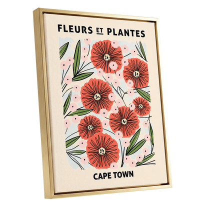 Cape Town Petal Parade, red, pink, green floral wall art shown as a gold framed canvas wall art