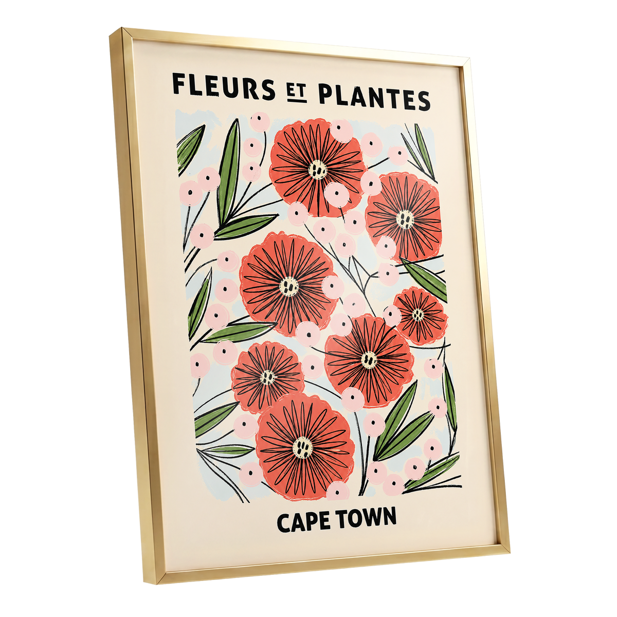Cape Town Petal Parade, red, pink, green floral wall art shown as a gold framed poster wall art print