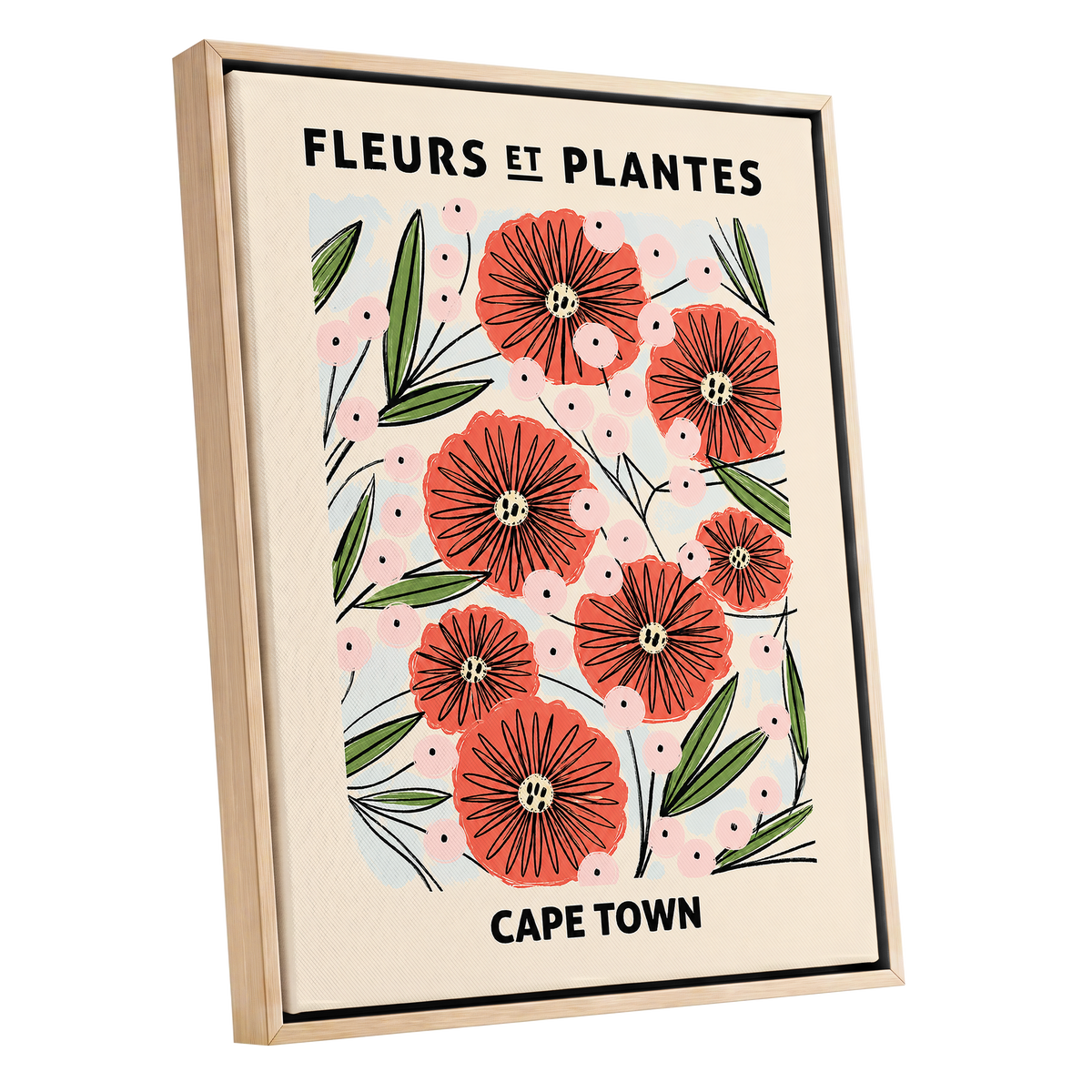 Cape Town Petal Parade, red, pink, green floral wall art shown as a oak framed canvas wall art