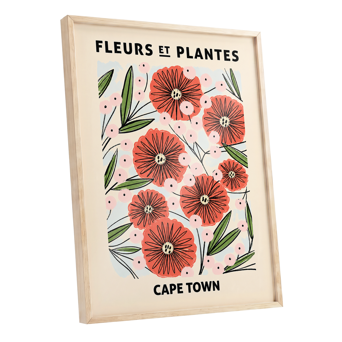 Cape Town Petal Parade, red, pink, green floral wall art shown as a oak framed poster wall art print