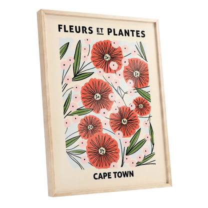 Cape Town Petal Parade, red, pink, green floral wall art shown as a oak framed poster wall art print