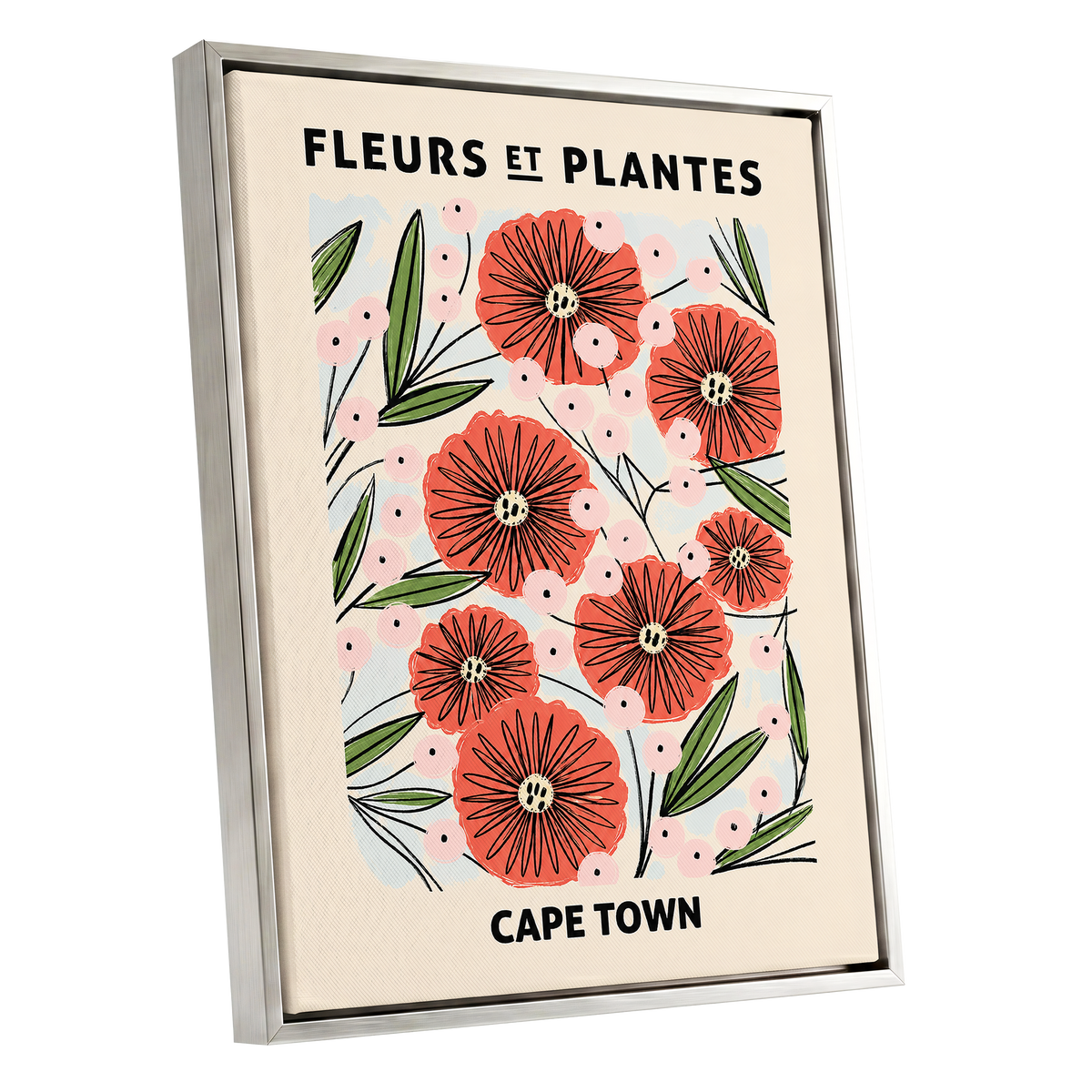 Cape Town Petal Parade, red, pink, green floral wall art shown as a silver framed canvas wall art