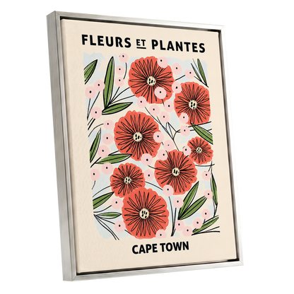 Cape Town Petal Parade, red, pink, green floral wall art shown as a silver framed canvas wall art