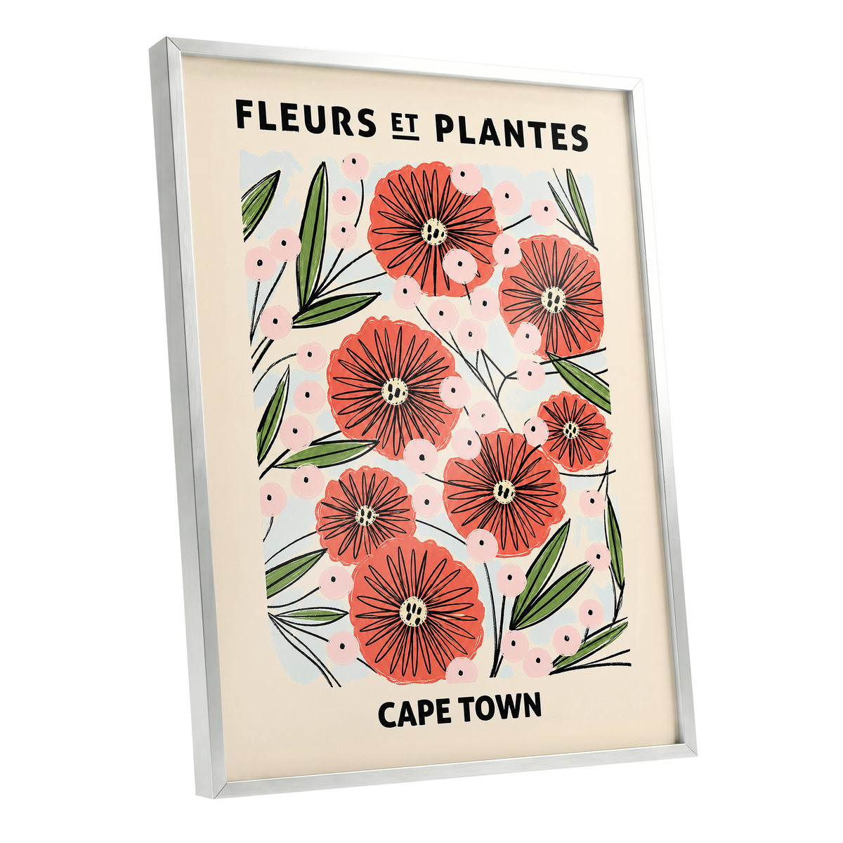 Cape Town Petal Parade, red, pink, green floral wall art shown as a silver framed poster wall art print