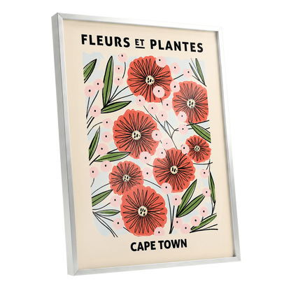 Cape Town Petal Parade, red, pink, green floral wall art shown as a silver framed poster wall art print