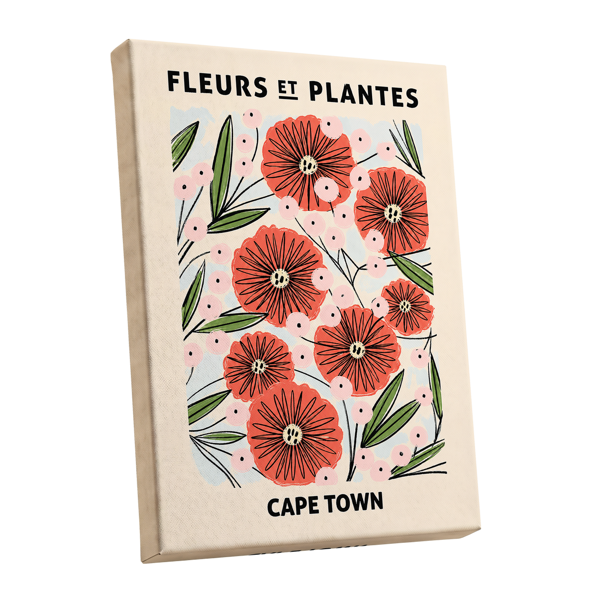 Cape Town Petal Parade, red, pink, green floral wall art shown as a stretched canvas wall art