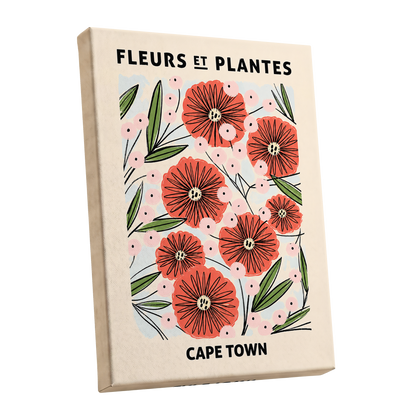 Cape Town Petal Parade, red, pink, green floral wall art shown as a stretched canvas wall art