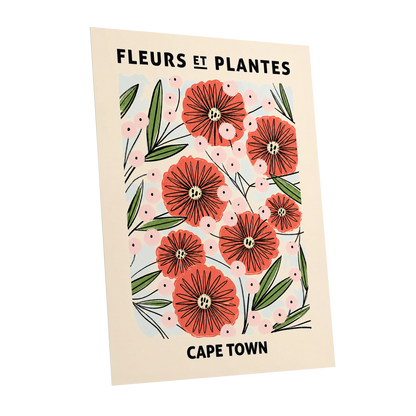 Cape Town Petal Parade, red, pink, green floral wall art shown as a unframed poster wall art print