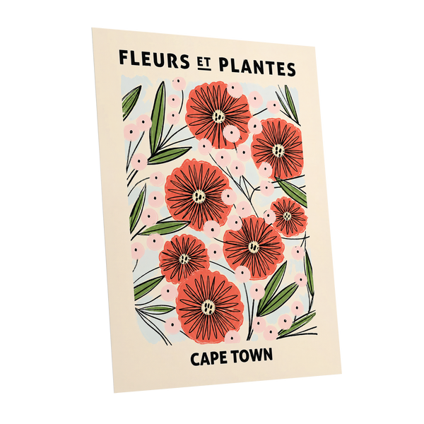 Cape Town Petal Parade, red, pink, green floral wall art shown as a unframed poster wall art print
