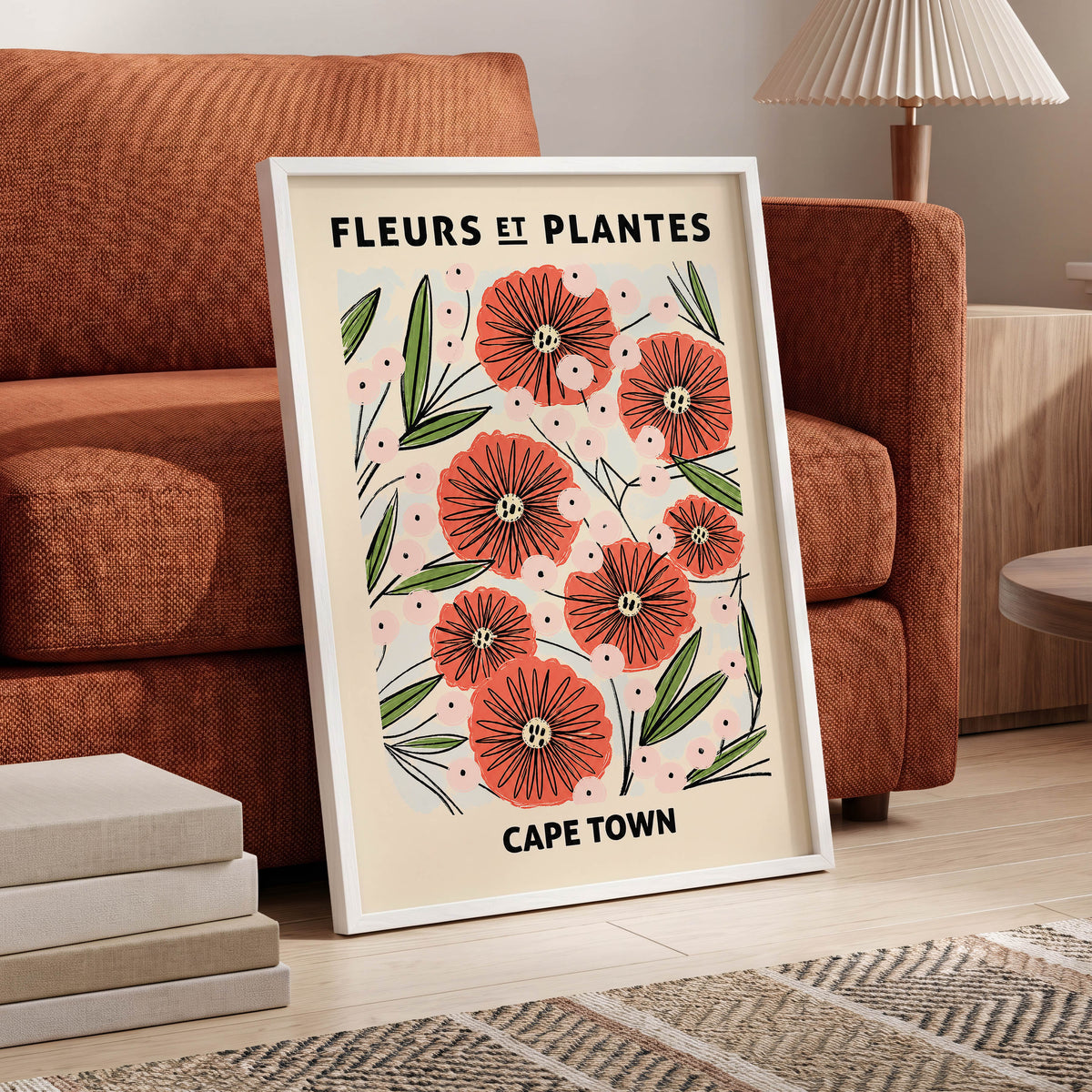 Cape Town Petal Parade, red, pink, green floral wall art displayed in a styled interior, gallery view 2