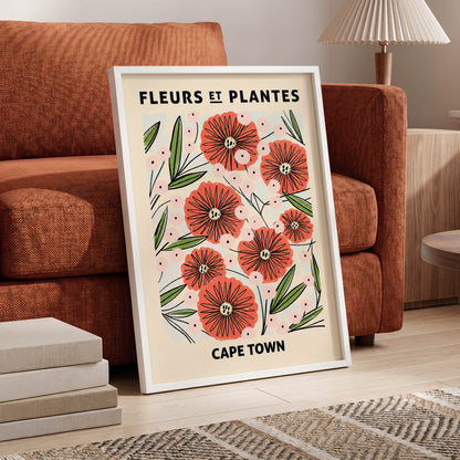 Cape Town Petal Parade, red, pink, green floral wall art displayed in a styled interior, gallery view 2