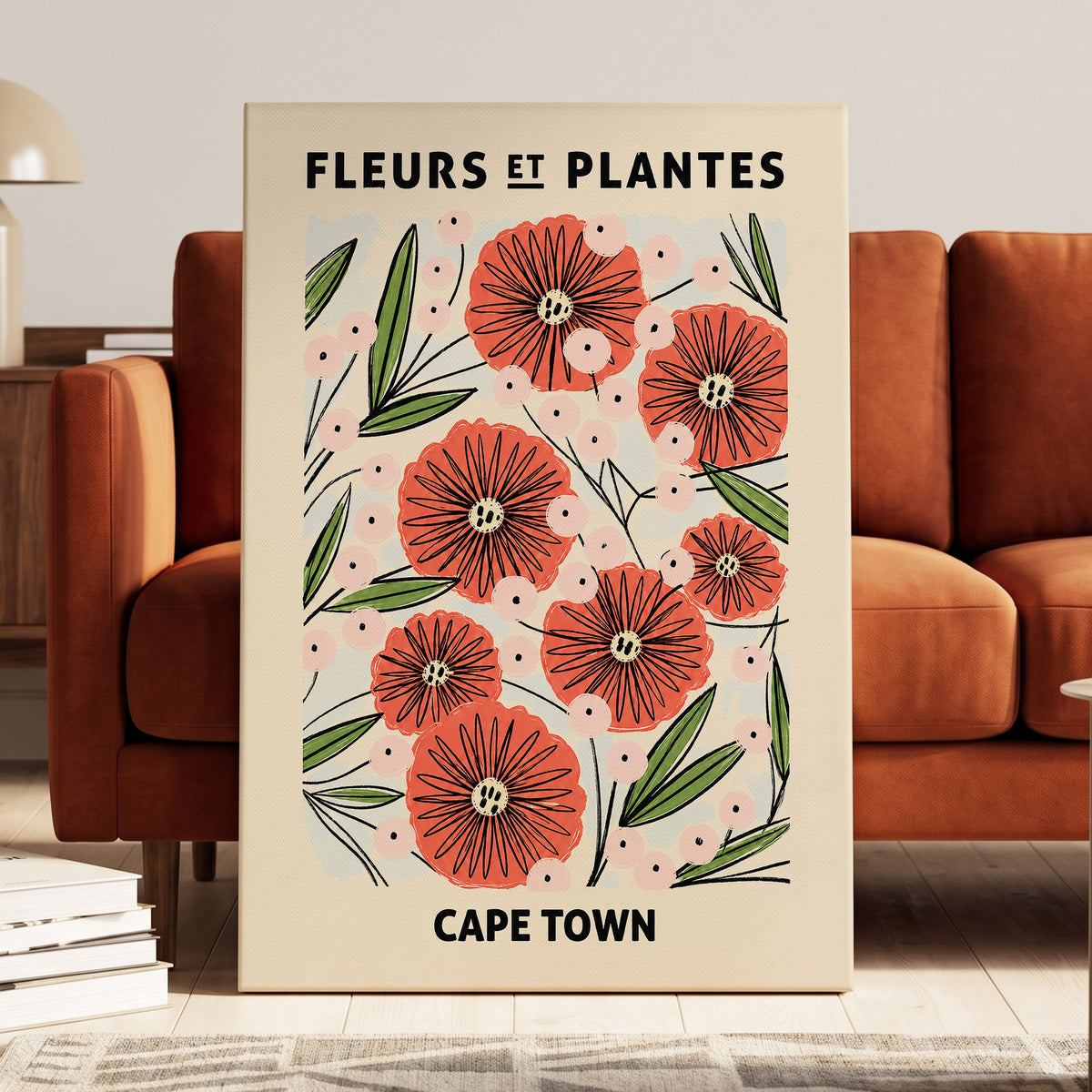Cape Town Petal Parade, red, pink, green floral wall art displayed in a styled interior, gallery view 3
